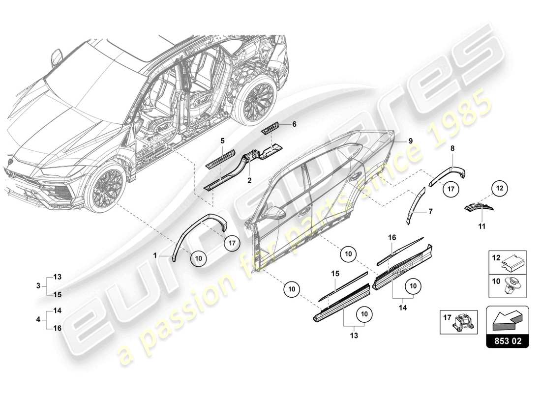 lamborghini urus s (2023) striscia di rivestimento soglia diagramma delle parti