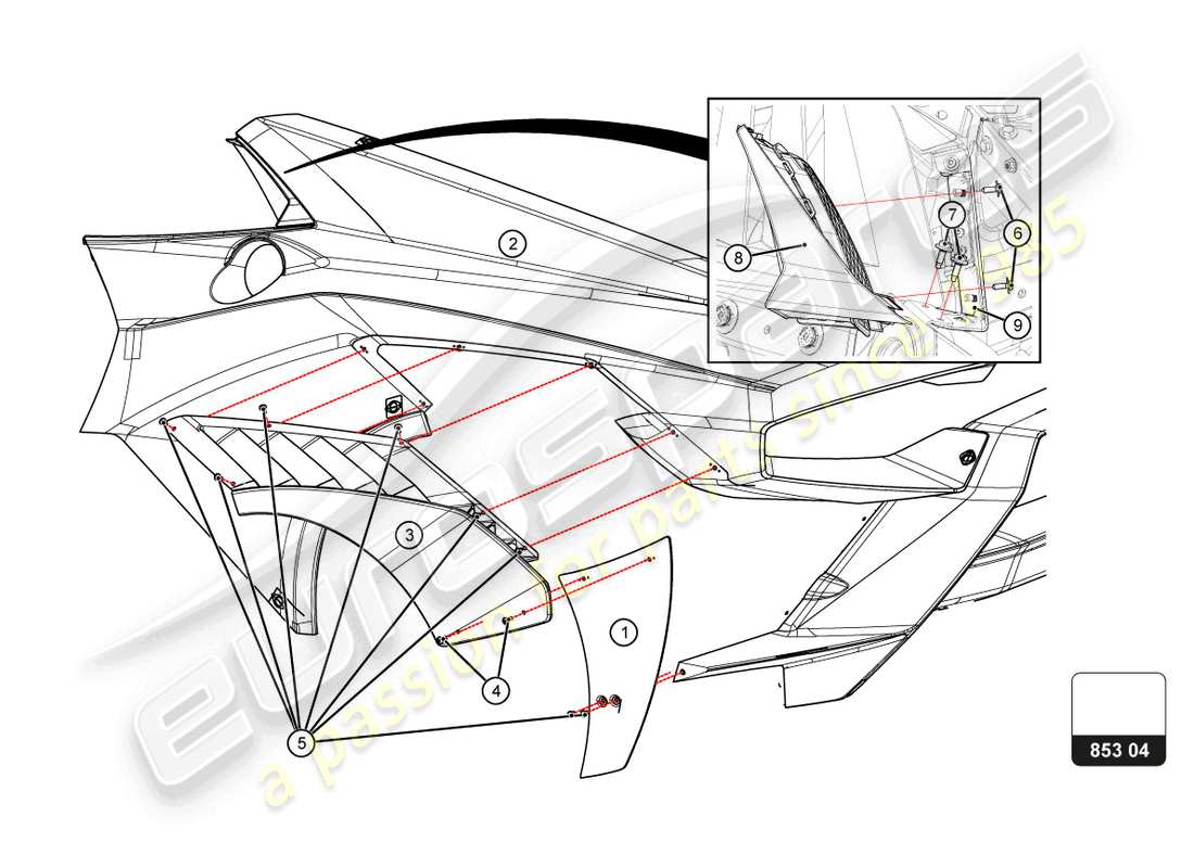 lamborghini super trofeo evo 2 (2022) diagramma delle parti del parafango posteriore