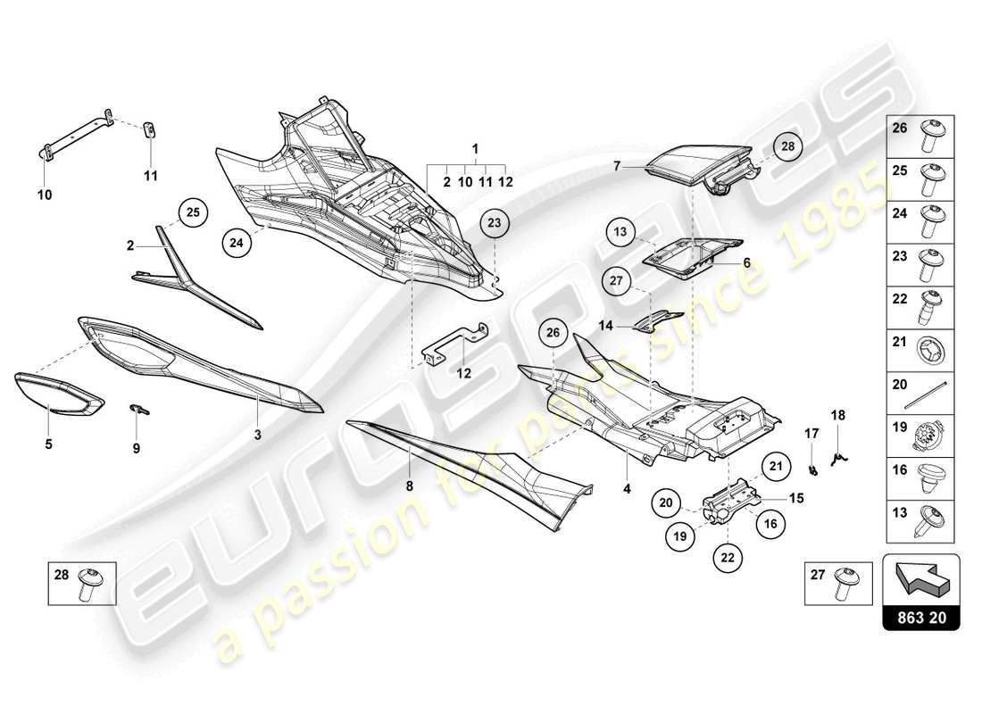 lamborghini sian roadster (2021) copertura per console centrale diagramma delle parti