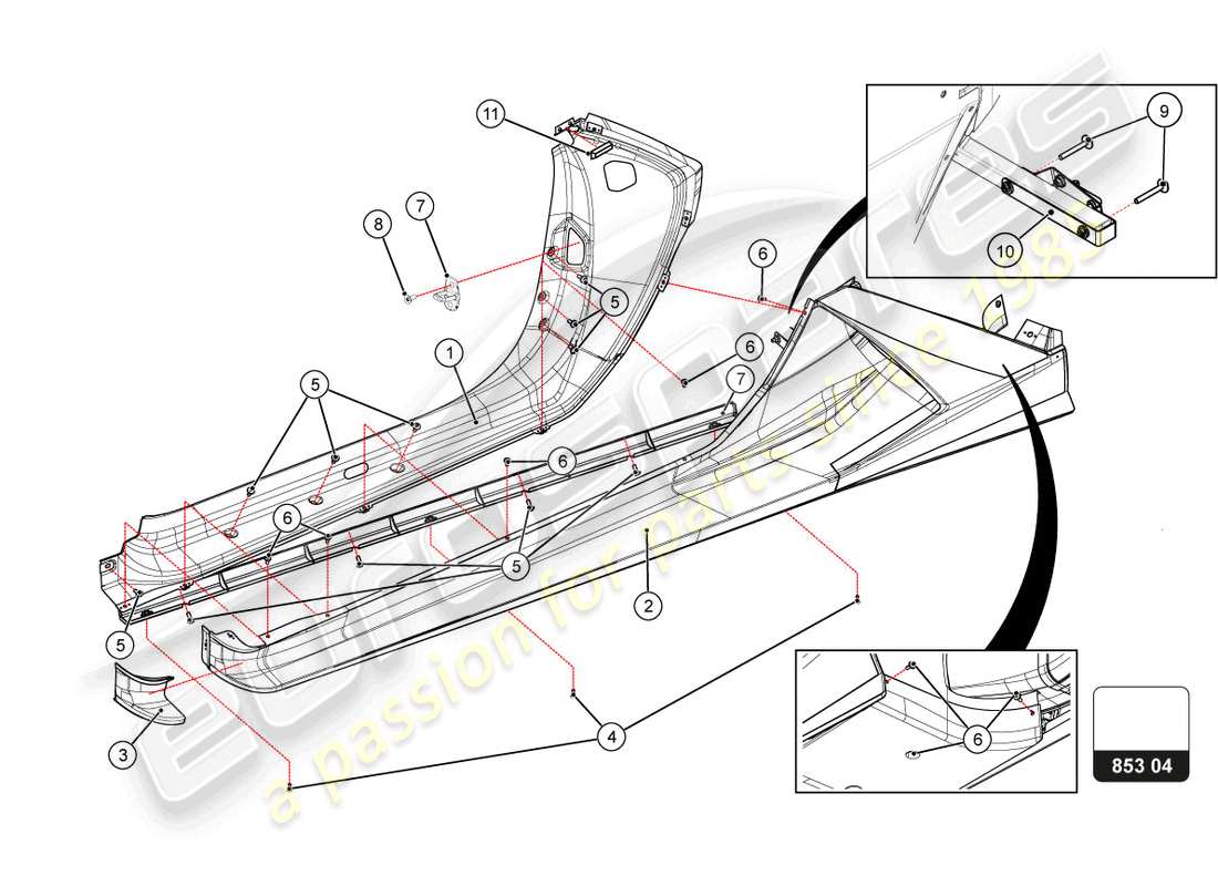 lamborghini super trofeo evo 2 (2022) diagramma delle parti del parafango posteriore