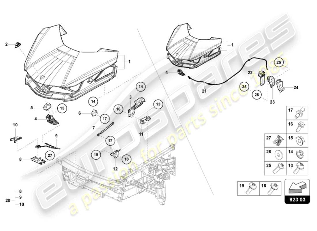 lamborghini sian roadster (2021) diagramma della parte anteriore del cofano