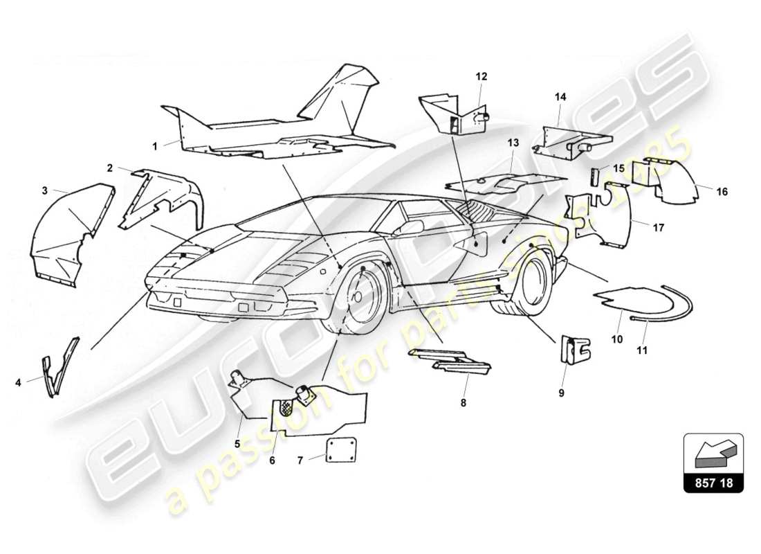 lamborghini countach 25th anniversary (1989) rivestimento interno diagramma delle parti