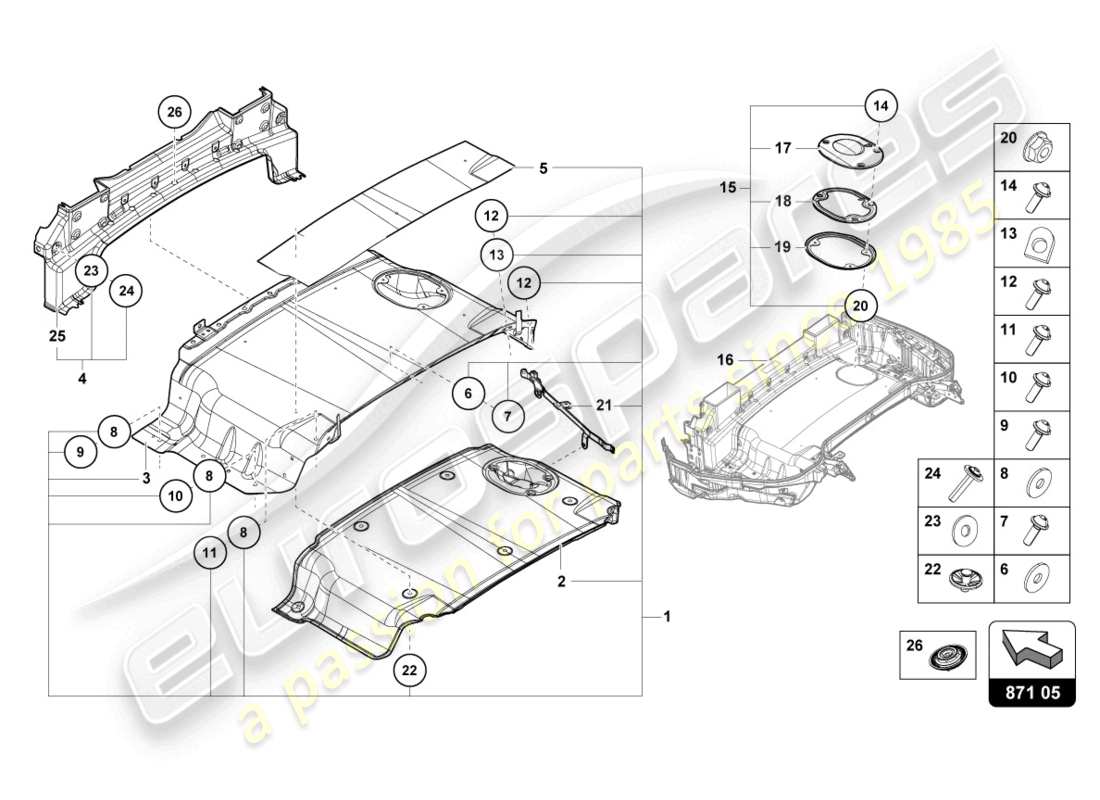 lamborghini 2021 (evo spyder) parti singole del vassoio del bauletto capote schema delle parti