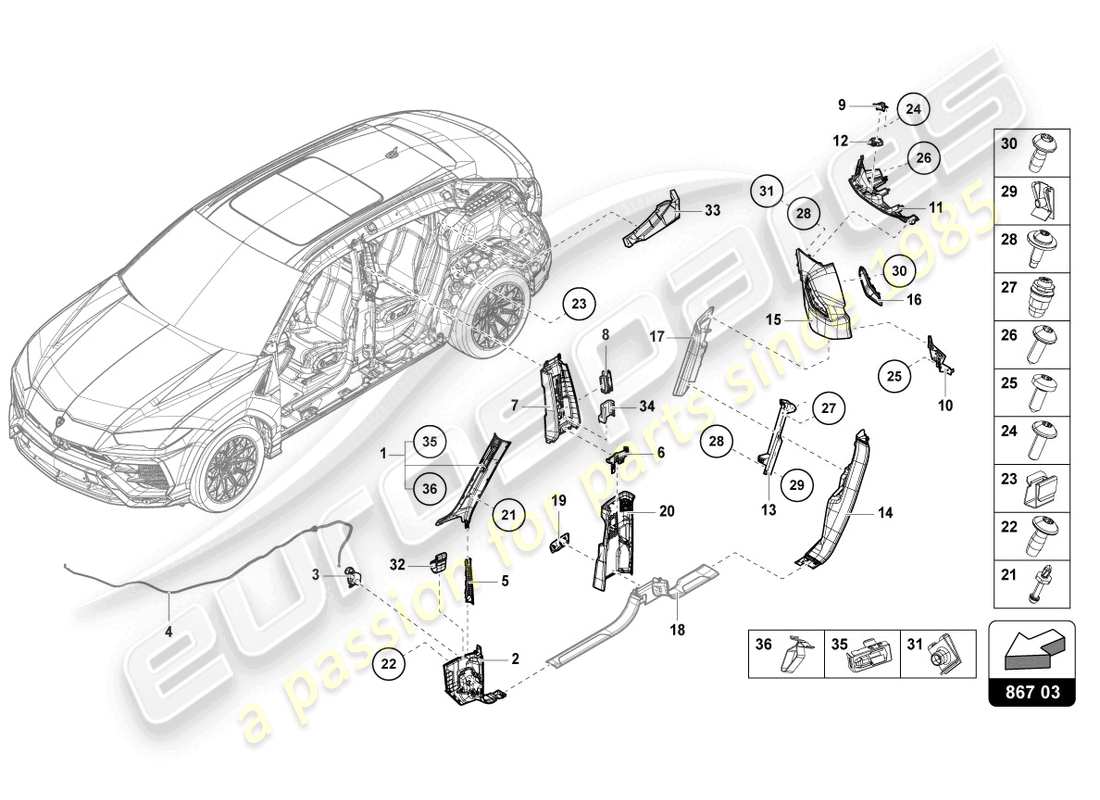 lamborghini urus s (2023) rivestimento pilastro diagramma delle parti