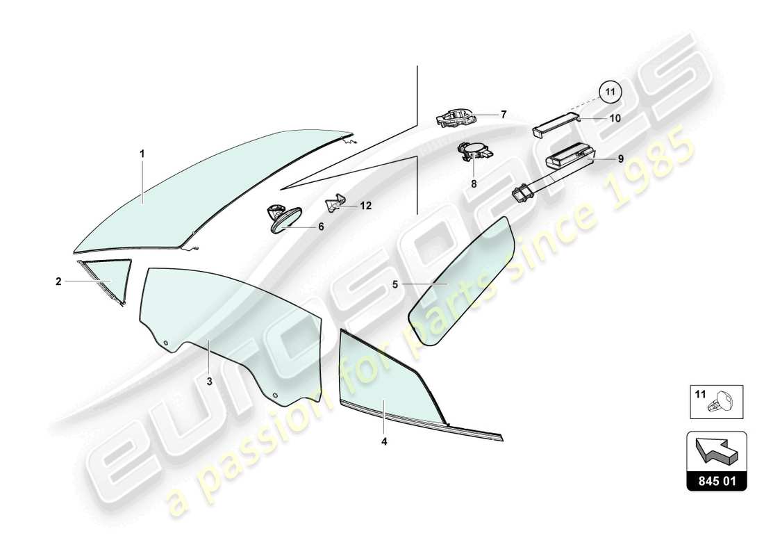 lamborghini evo coupe 2wd (2022) vetri da finestra diagramma delle parti