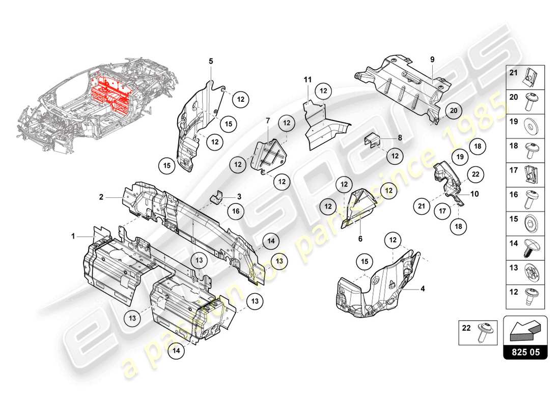 lamborghini evo spyder 2wd (2022) scudo termico diagramma delle parti