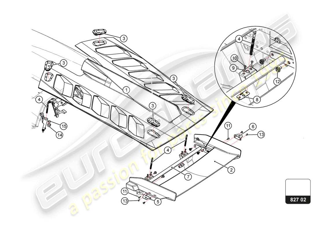 lamborghini super trofeo evo 2 (2022) schema delle parti del cofano posteriore