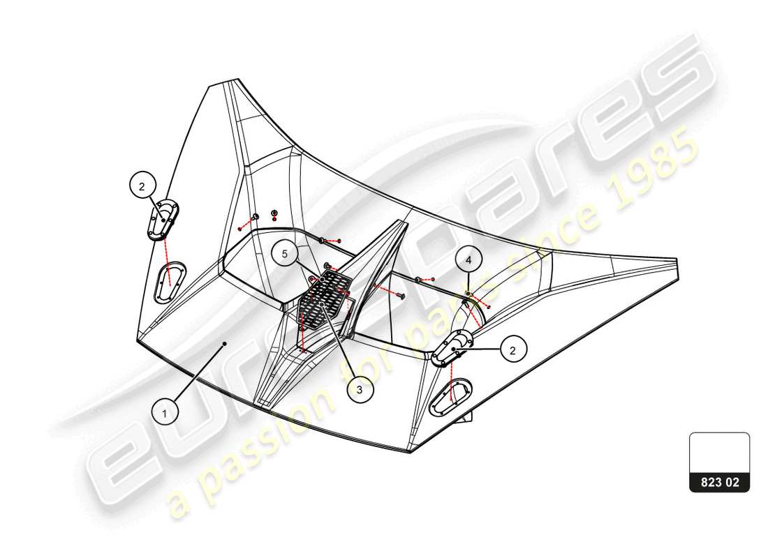 lamborghini super trofeo evo 2 (2022) schema delle parti del cofano anteriore