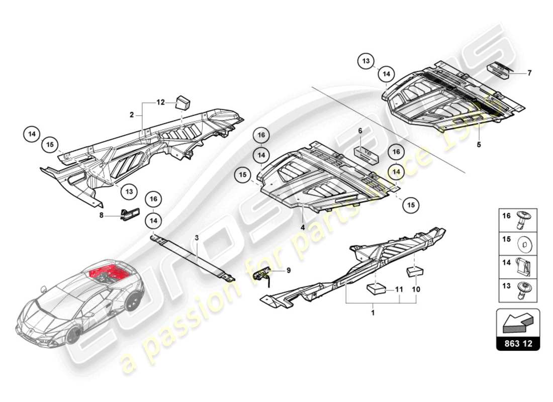 lamborghini 2023 (evo coupe) schema delle parti copertura motore