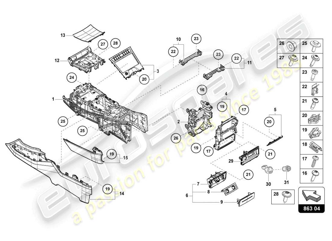 lamborghini urus performante (2024) console centrale inferiore diagramma delle parti