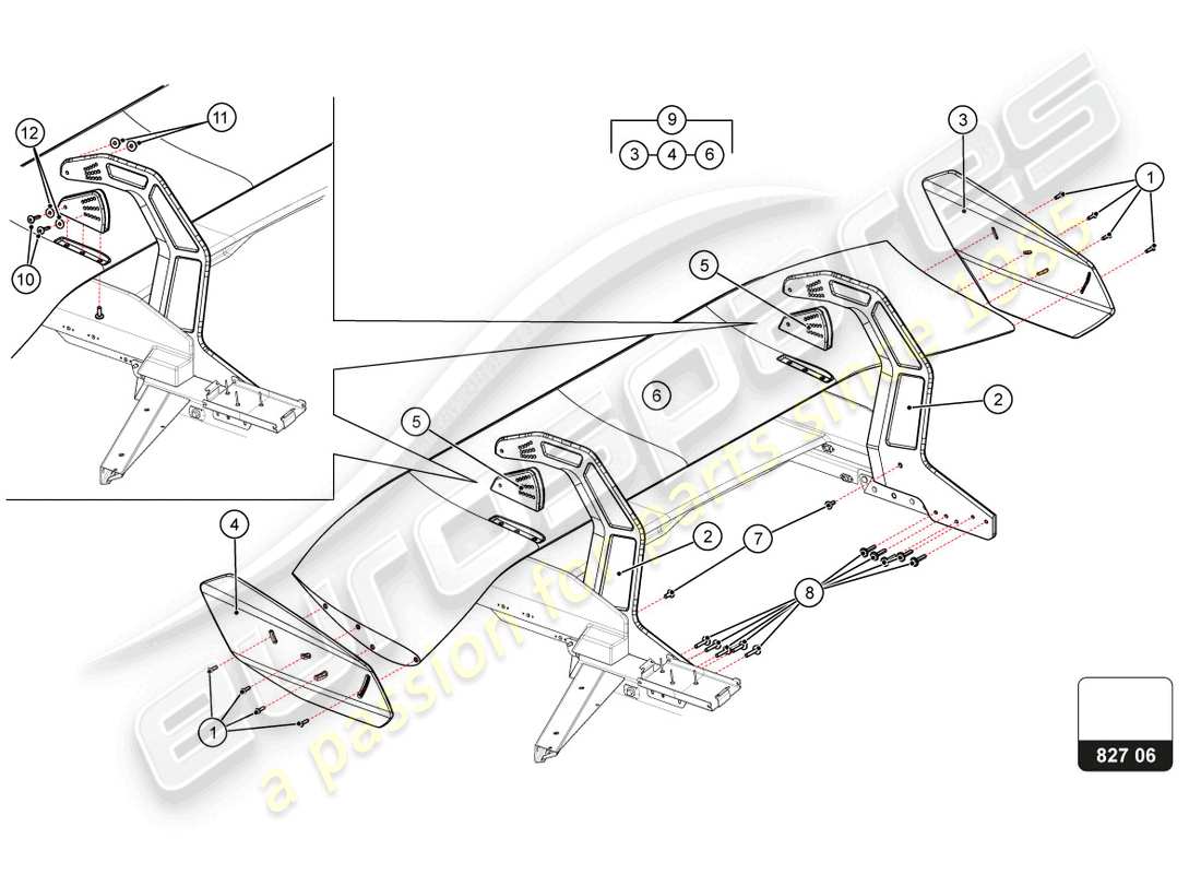 lamborghini super trofeo evo 2 (2022) diagramma delle parti dell'ala posteriore