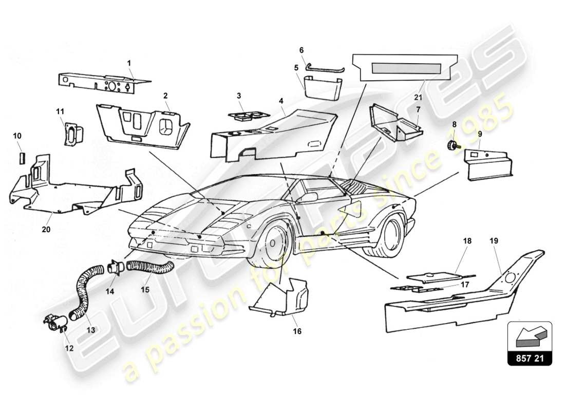 lamborghini countach 25th anniversary (1989) rivestimento interno diagramma delle parti