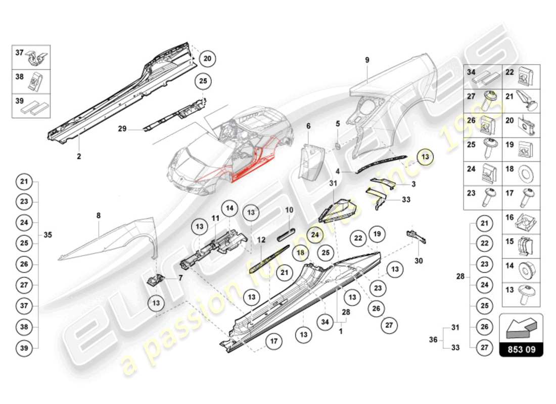lamborghini evo spyder (2024) lato esterno inferiore per passaruota schema parte