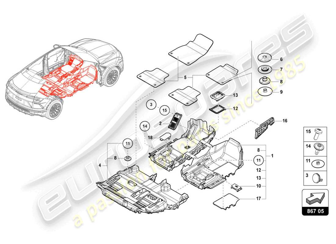 lamborghini urus s (2024) tappetino protettivo diagramma delle parti