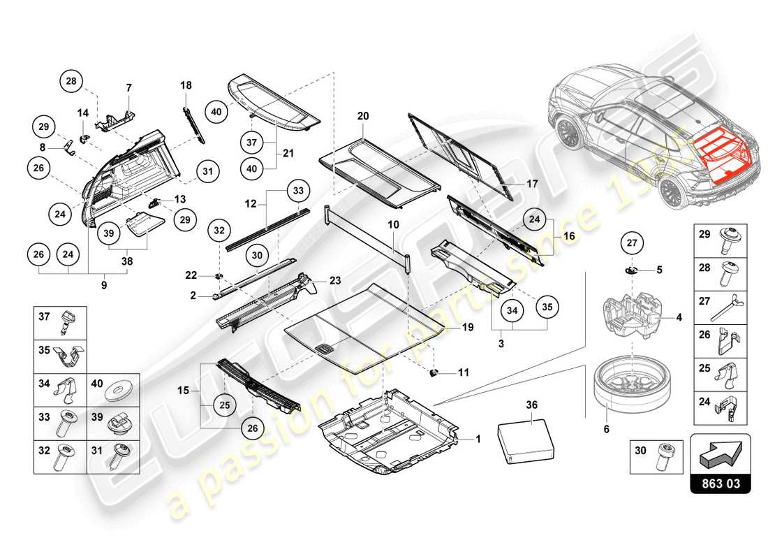 lamborghini urus s (2024) fodera vano bagagli diagramma delle parti