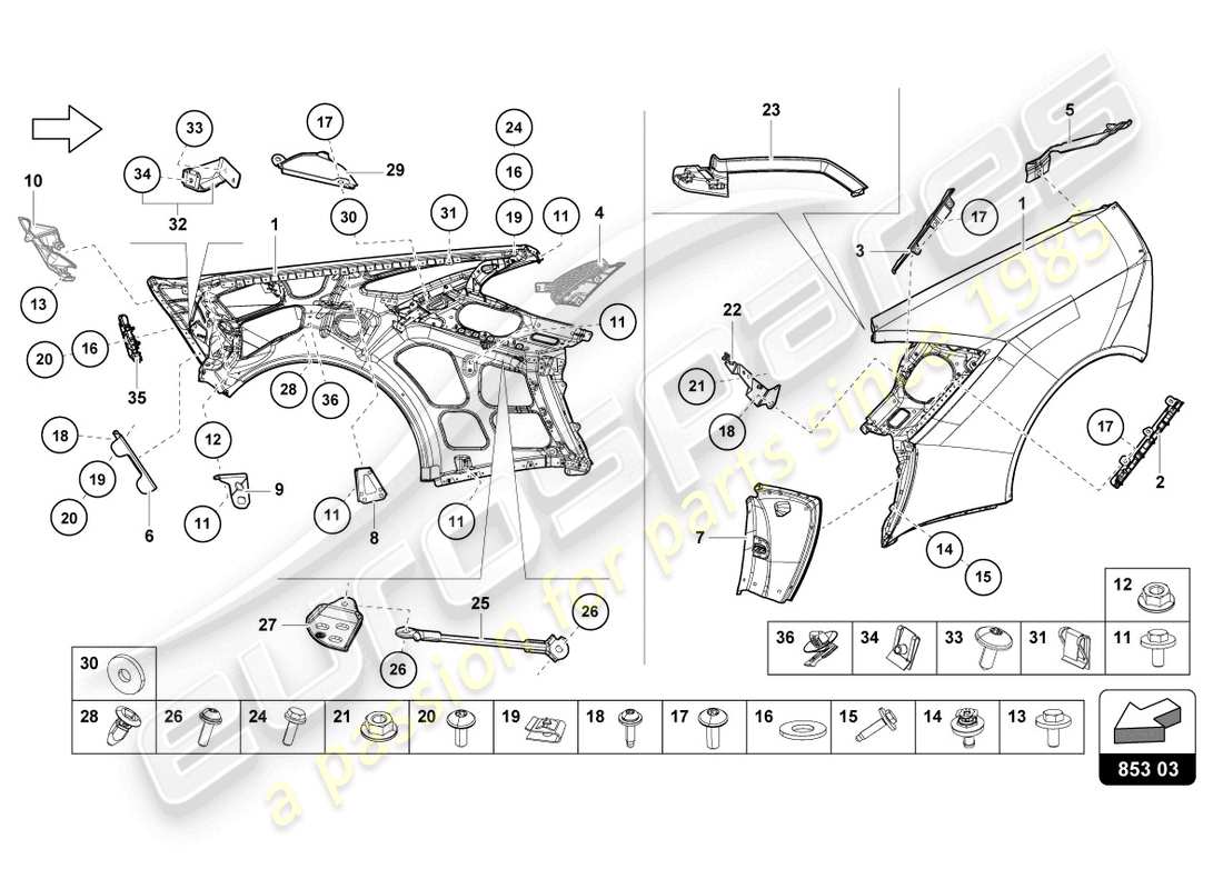 lamborghini 2023 (evo coupe) diagramma delle parti dell'ala