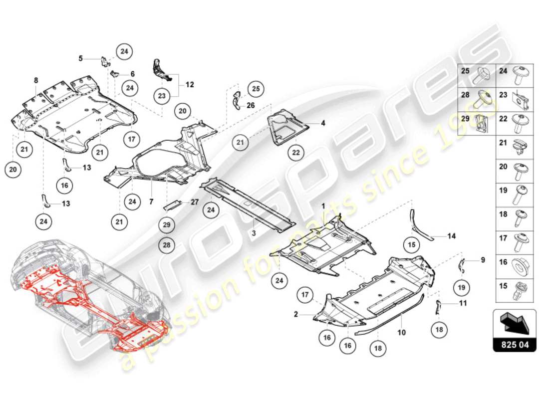 lamborghini evo spyder (2024) pannello di rivestimento per la sezione inferiore del telaio schema delle parti