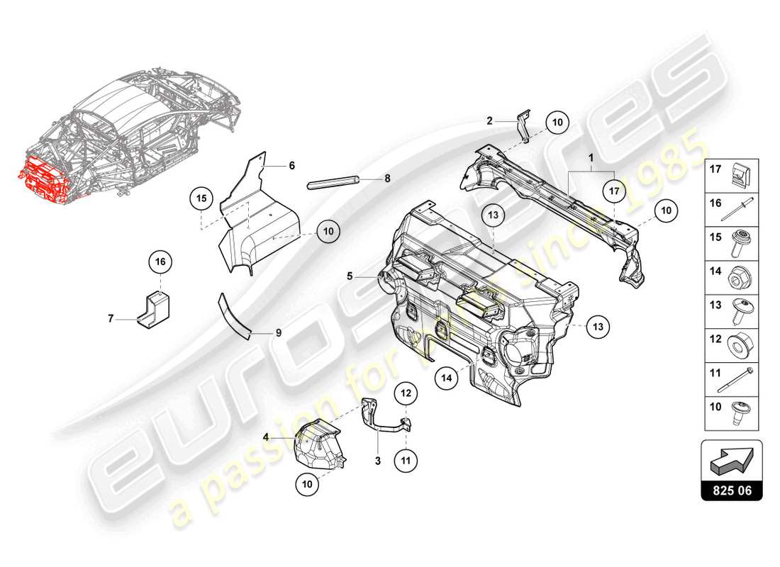 lamborghini evo coupe 2wd (2022) schema delle parti dello scudo calore 'opf'