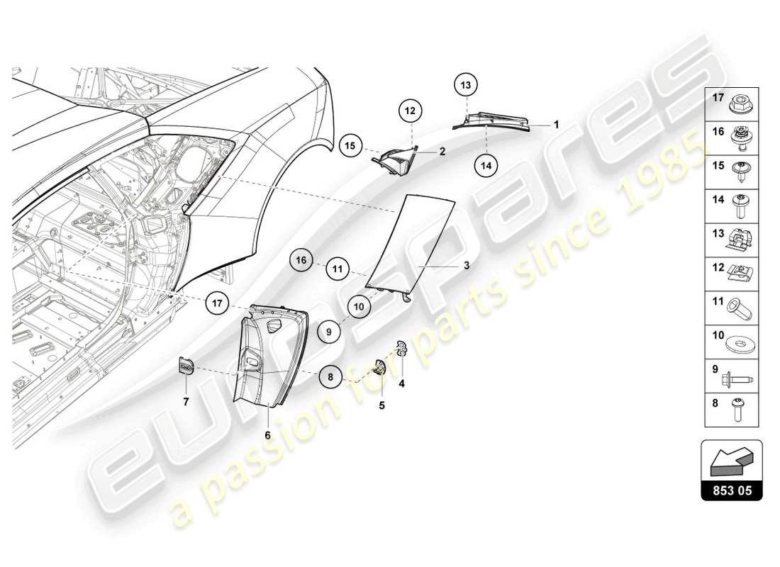 lamborghini evo coupe (2023) piastra di copertura per traverso laterale schema delle parti