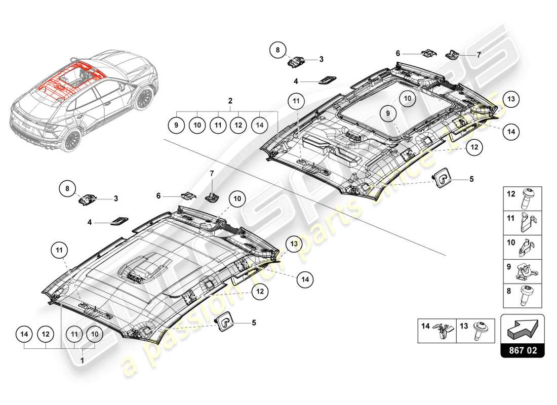 lamborghini urus s (2024) rivestimento del tetto diagramma delle parti