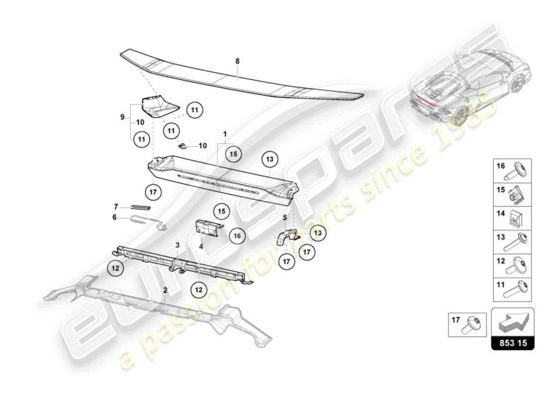 lamborghini tecnica (2023) parte superiore pannello posteriore diagramma delle parti