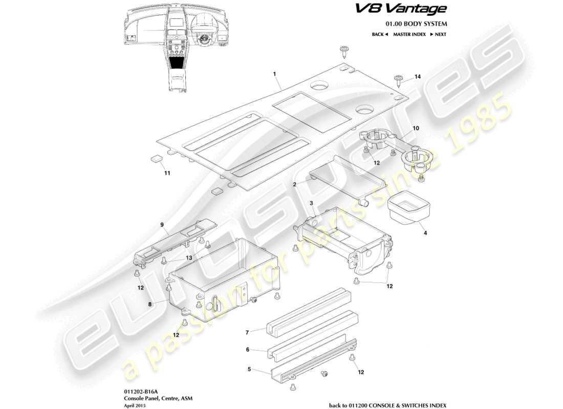 aston martin v8 vantage (2012) console anteriore, asm, diagramma delle parti 16my