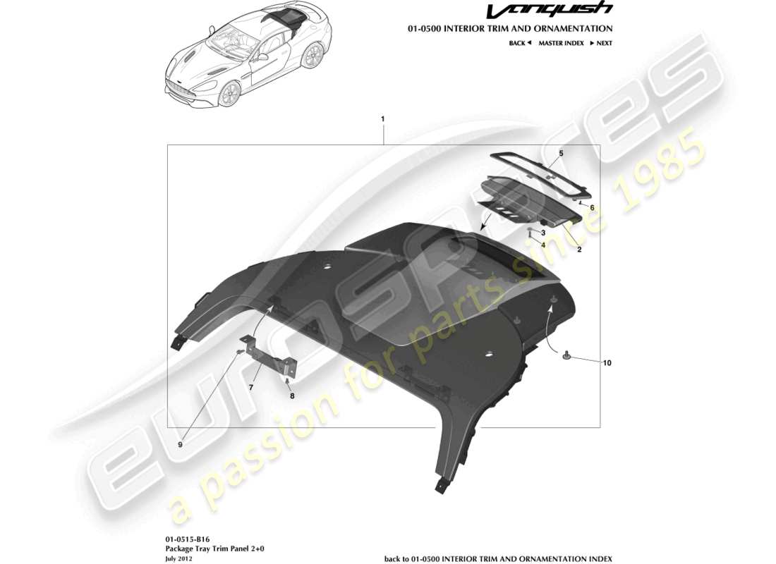 aston martin vanquish (2017) pannello di rivestimento del ripiano portaoggetti, diagramma delle parti del coupé 2+0