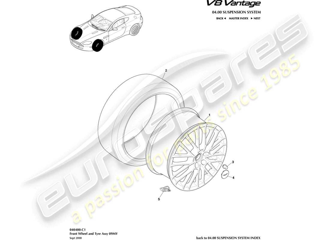 aston martin v8 vantage (2018) ruote e pneumatici anteriori, diagramma delle parti da 09my a 12.25my
