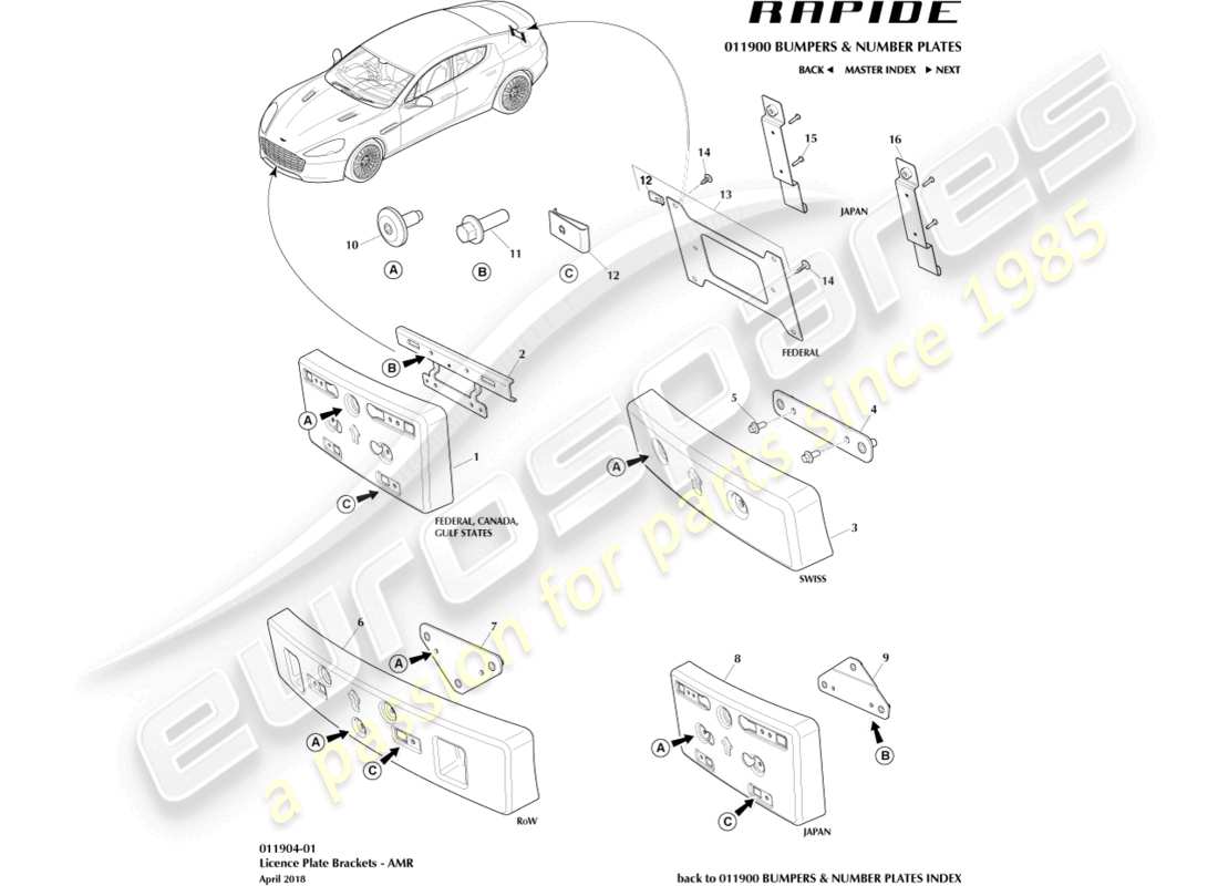 aston martin rapide (2012) zoccoli della targa, diagramma delle parti amr