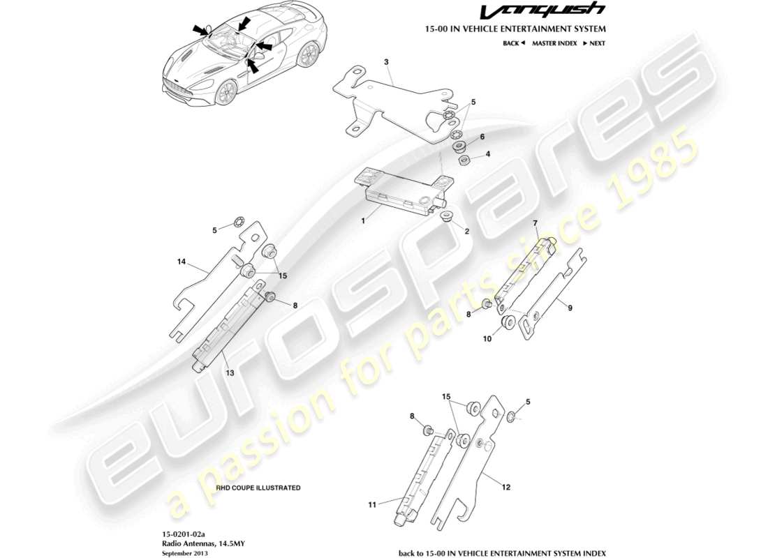 aston martin vanquish (2017) antenna radio, diagramma delle parti 14.5my