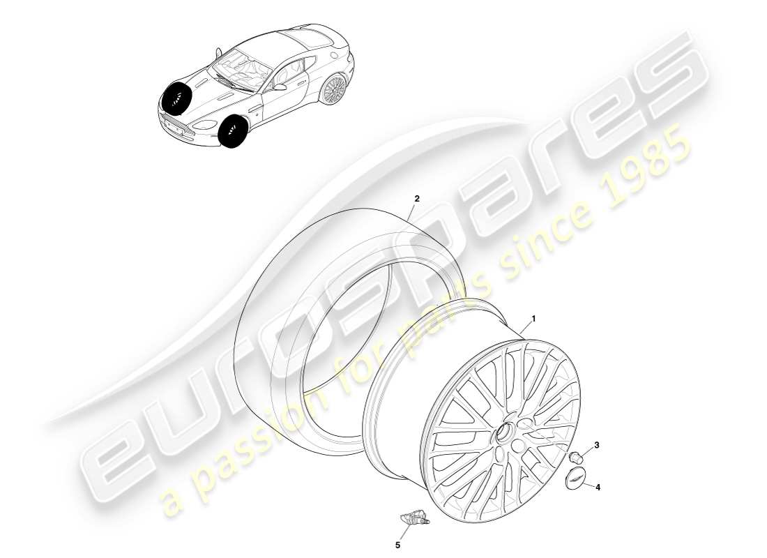 aston martin v8 vantage (2005) ruote e pneumatici anteriori, diagramma delle parti da 09my a 12.25my