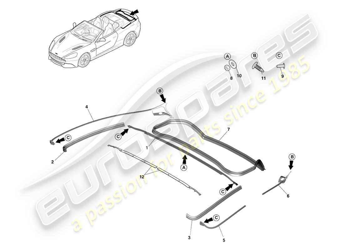 aston martin vanquish (2014) guarnizione di chiusura posteriore, diagramma delle parti volante