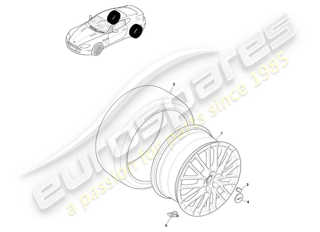 aston martin v8 vantage (2007) ruote e pneumatici posteriori, diagramma delle parti da 09my a 12.25my