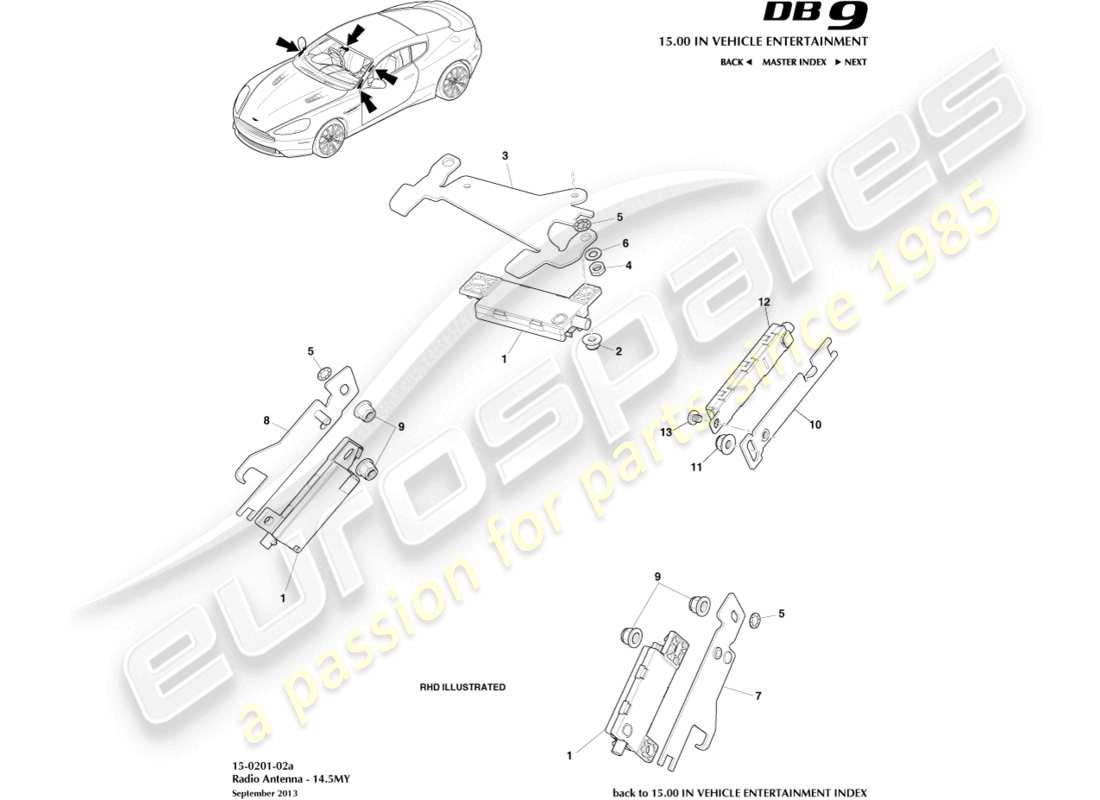 aston martin db9 (2014) antenna radio, diagramma delle parti 14.5my