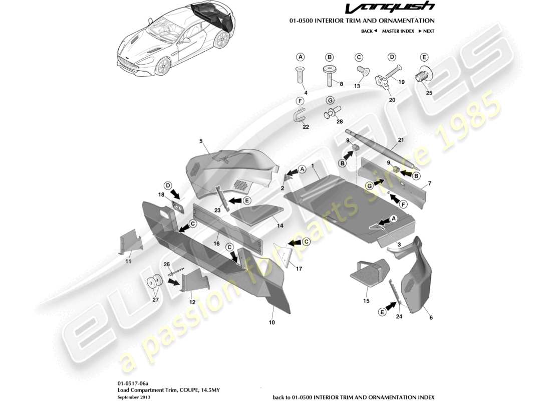 aston martin vanquish (2016) rivestimento del vano di carico, coupé 14.5my diagramma delle parti