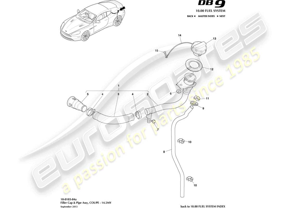 aston martin db9 (2016) gruppo bocchettone di rifornimento carburante, diagramma delle parti coupé 14.5my