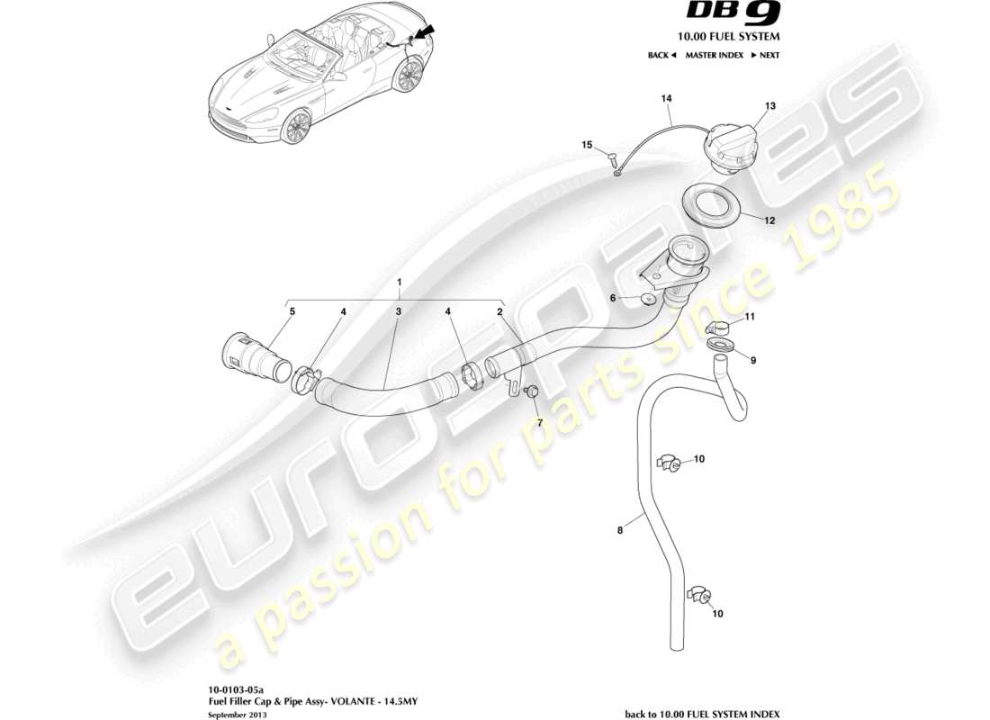 aston martin db9 (2014) gruppo bocchettone di rifornimento carburante, diagramma delle parti volante 14.5my