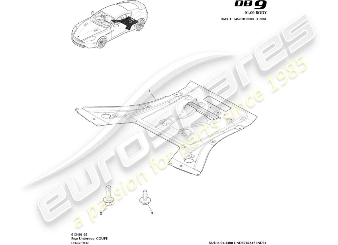 aston martin db9 (2017) schema delle parti del sottoscocca posteriore, coupé