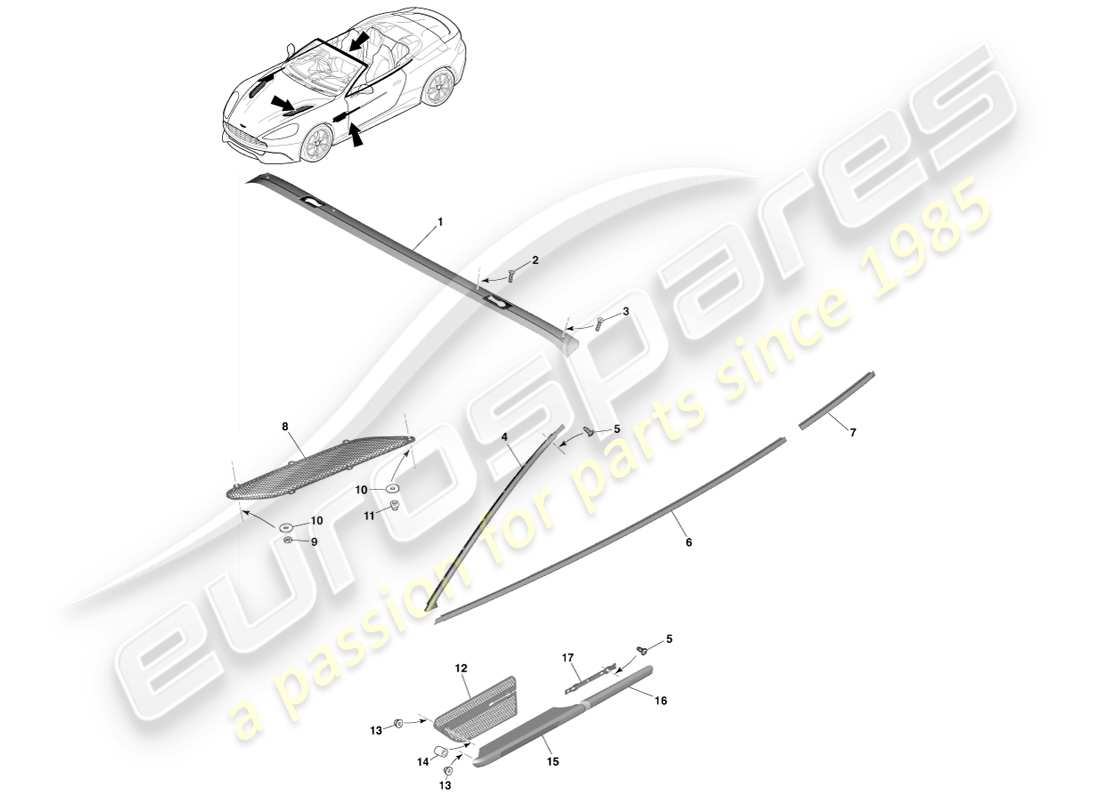 aston martin vanquish (2014) finiture esterne superiori, diagramma delle parti volante