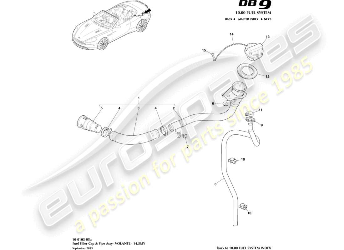 aston martin db9 (2016) gruppo bocchettone di rifornimento carburante, diagramma delle parti volante 14.5my
