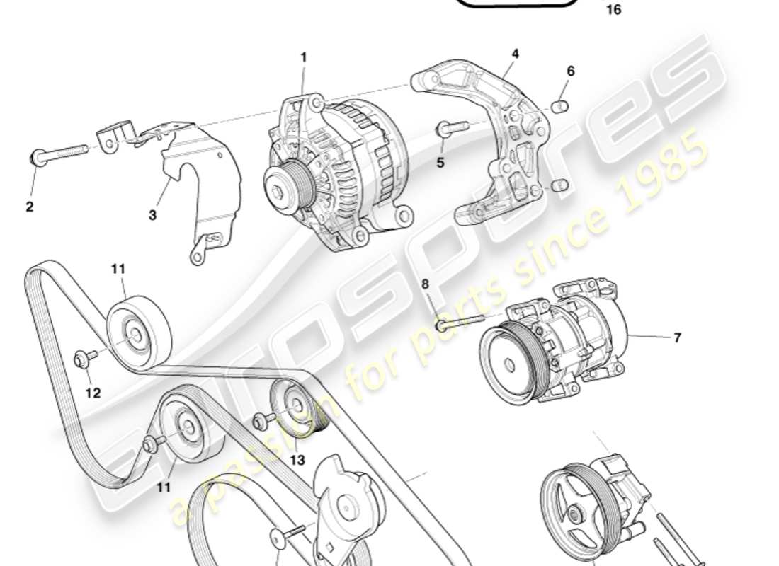 aston martin db9 (2005) diagramma delle parti della trasmissione accessoria