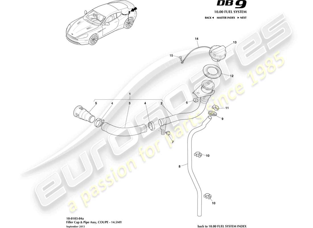 aston martin db9 (2014) gruppo bocchettone di rifornimento carburante, diagramma delle parti coupé 14.5my