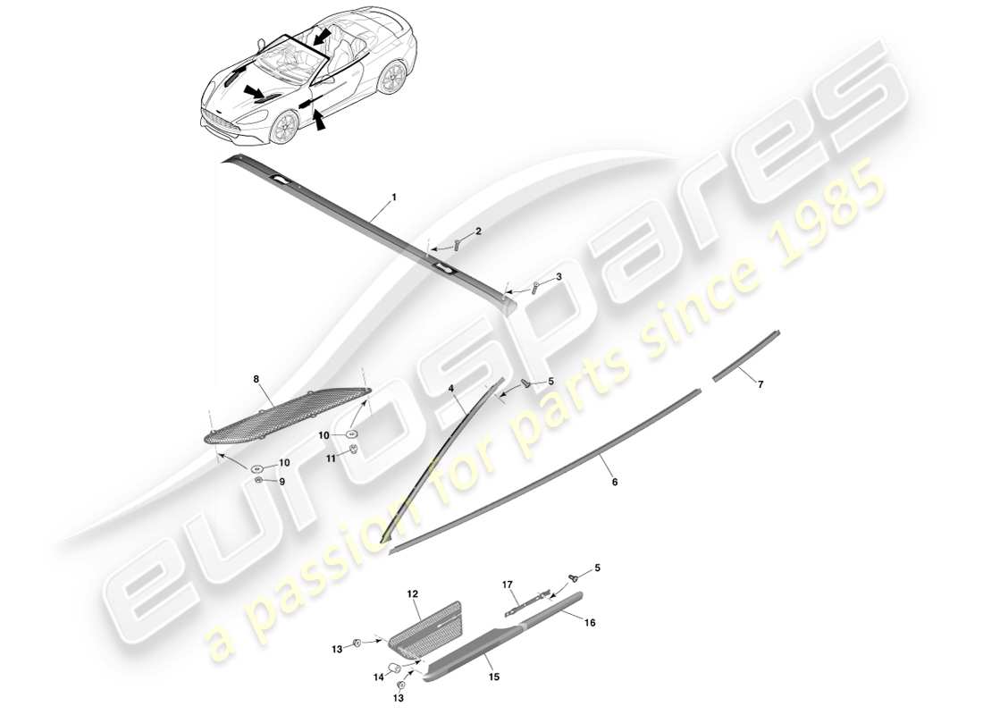 aston martin vanquish (2013) finiture esterne superiori, volante diagramma delle parti