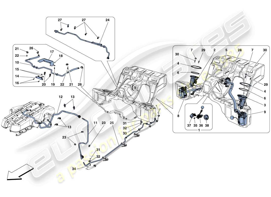 ferrari gtc4 lusso (rhd) pompe e tubi del sistema di alimentazione schema delle parti