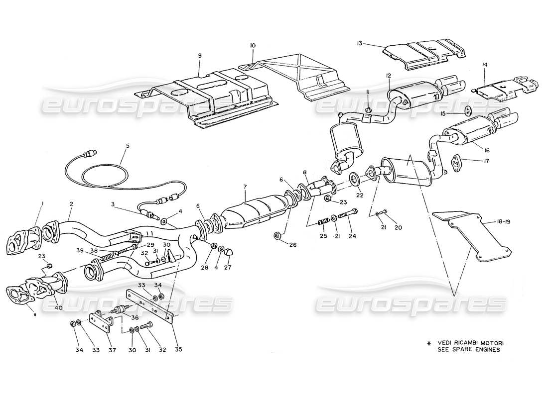 maserati ghibli 2.8 (non abs) diagramma delle parti del sistema di scarico catalizzato (2800cc).