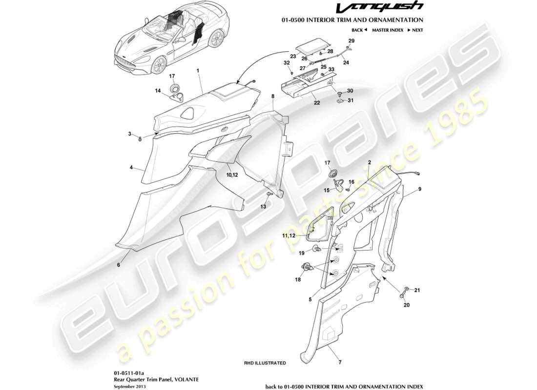 aston martin vanquish (2017) pannello di rivestimento del quarto posteriore, diagramma delle parti volante