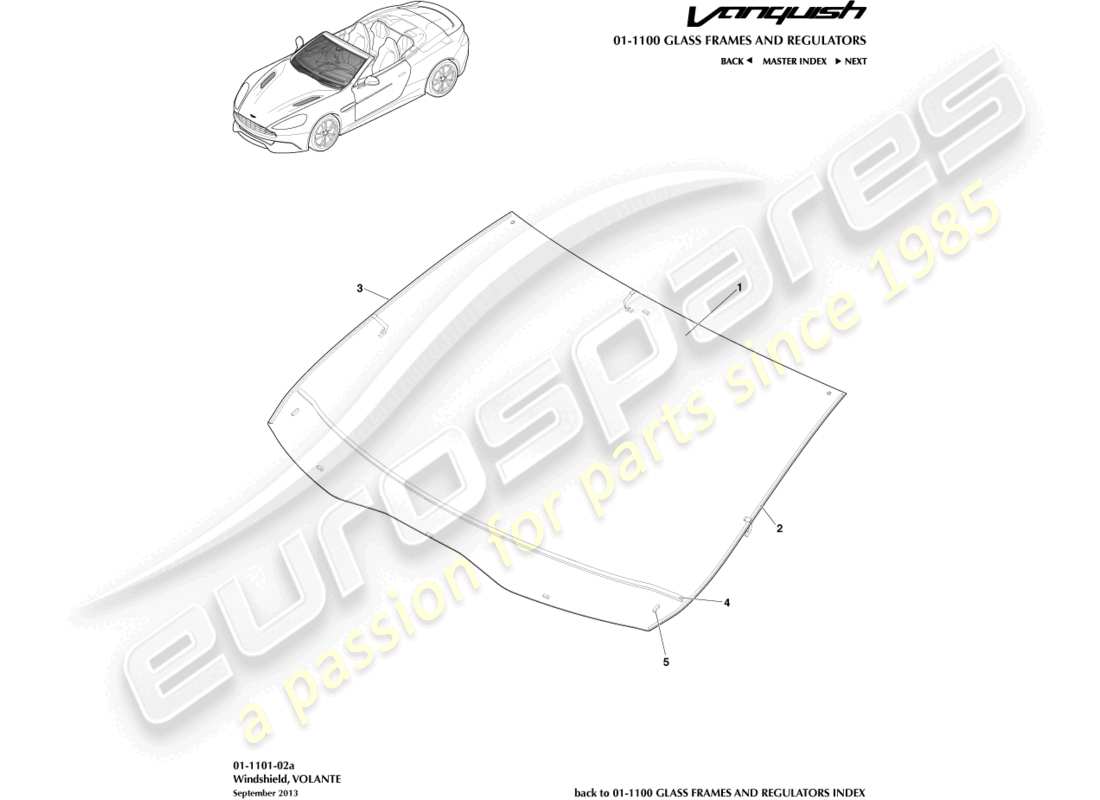 aston martin vanquish (2017) parabrezza, diagramma delle parti del volante