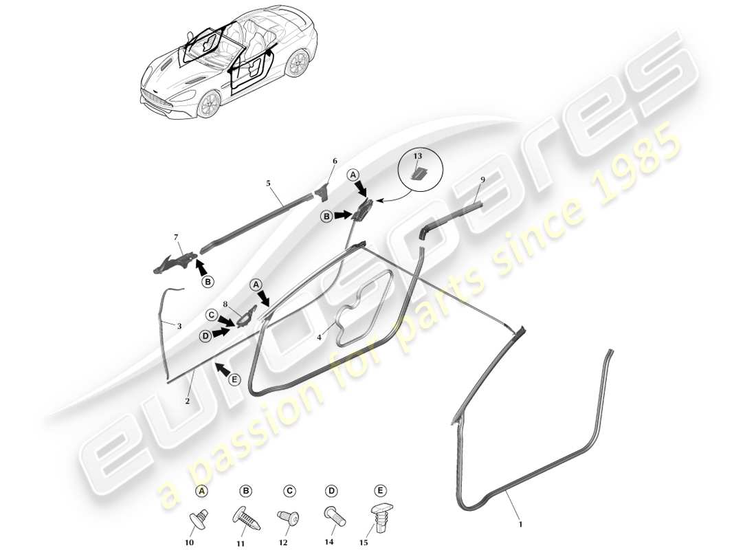 aston martin vanquish (2013) guarnizioni per porte, volante diagramma delle parti