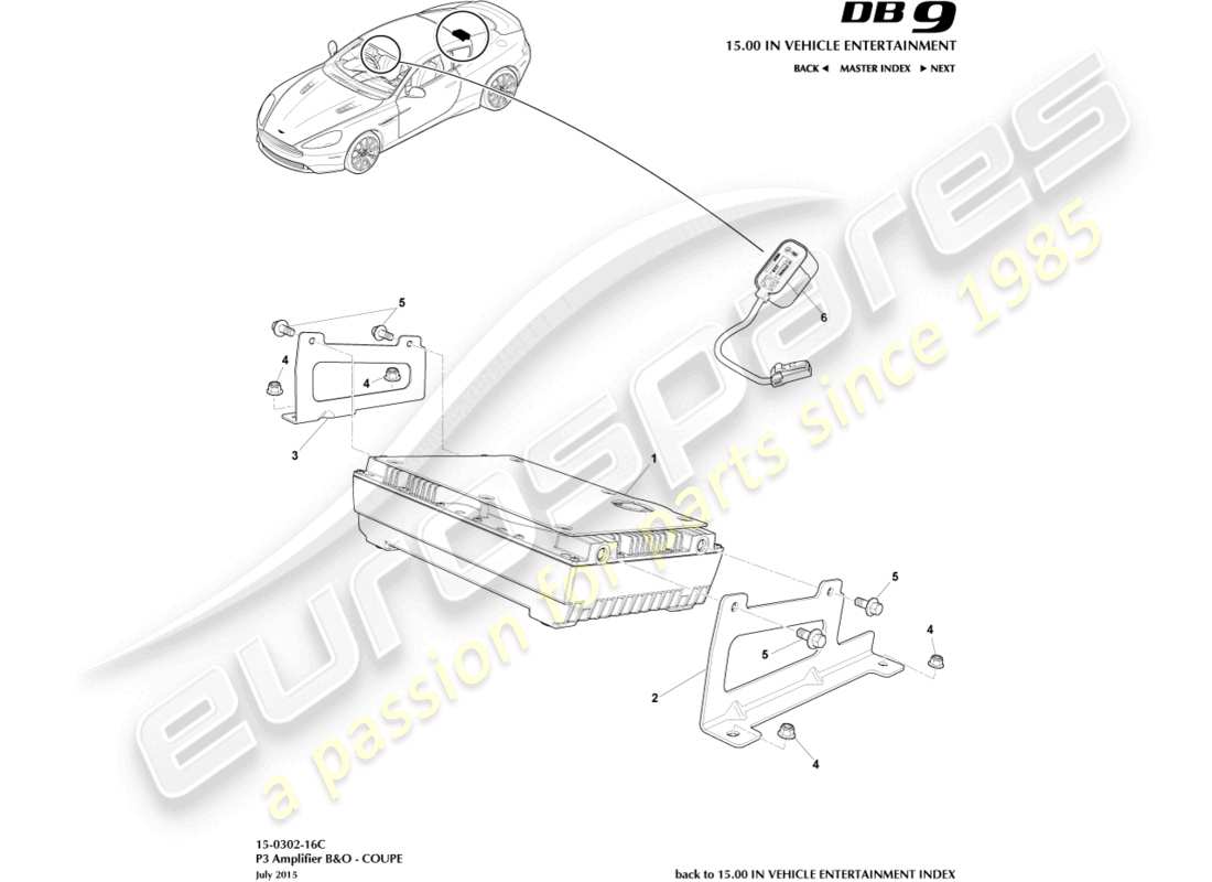 aston martin db9 (2016) p3 amplificatori, b&o, 16my, diagramma delle parti del coupé