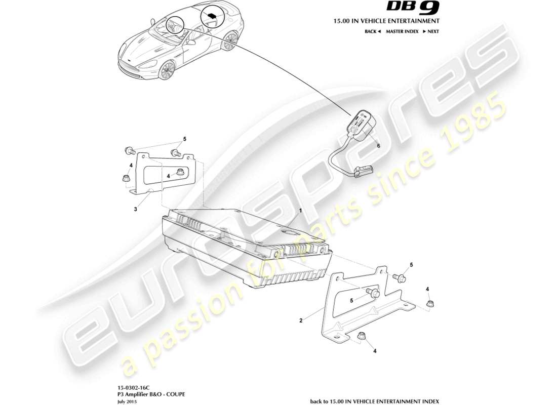 aston martin db9 (2014) p3 amplificatori, b&o, 16my, diagramma delle parti del coupé